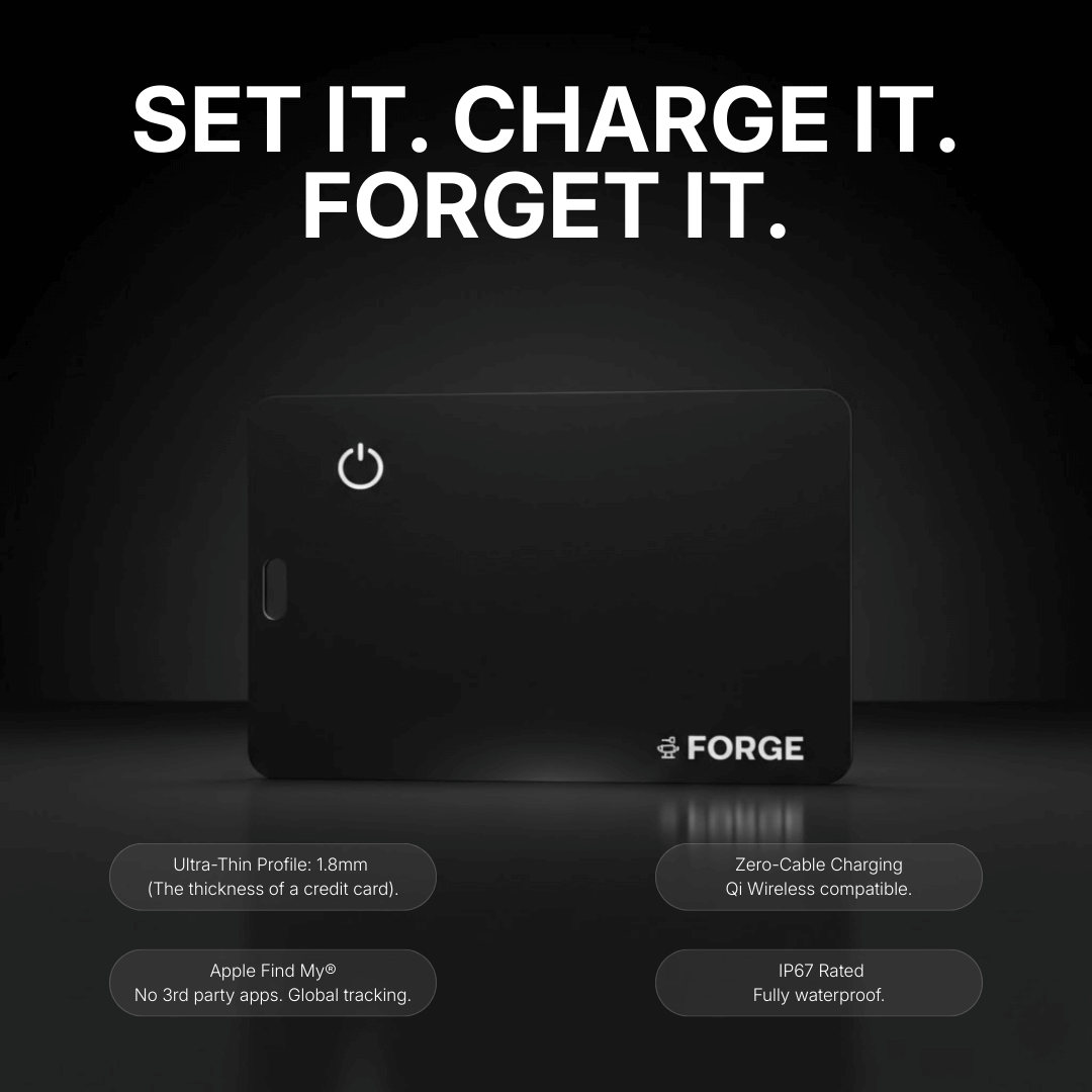 Forge Wallet tracking card in dark studio setting, highlighting ultra-thin design, wireless charging, Apple Find My support, and IP67 waterproof rating