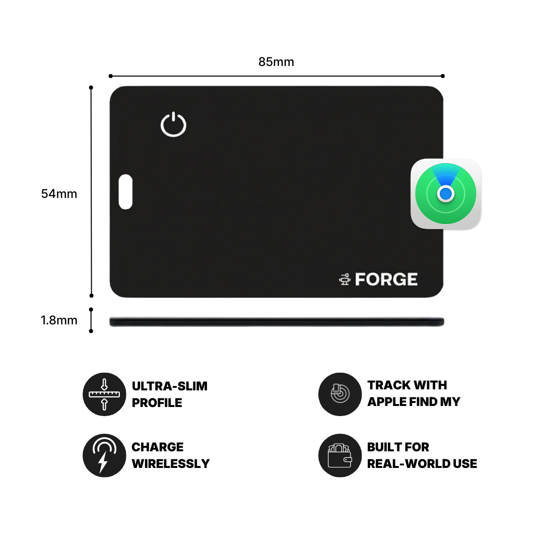 Forge Wallet tracking card with labeled dimensions and ultra-slim 1.8mm profile, showing Apple Find My support and wireless charging features