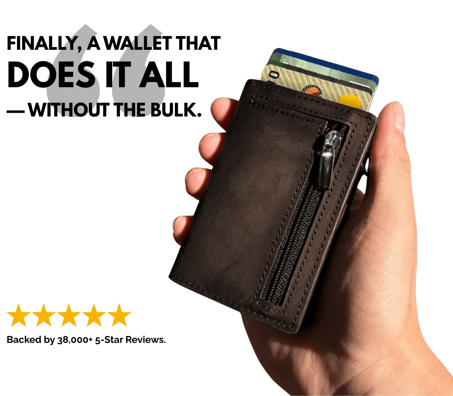 Hand holding brown men’s slim leather wallet with zipper pocket and cards, backed by 5-star reviews.