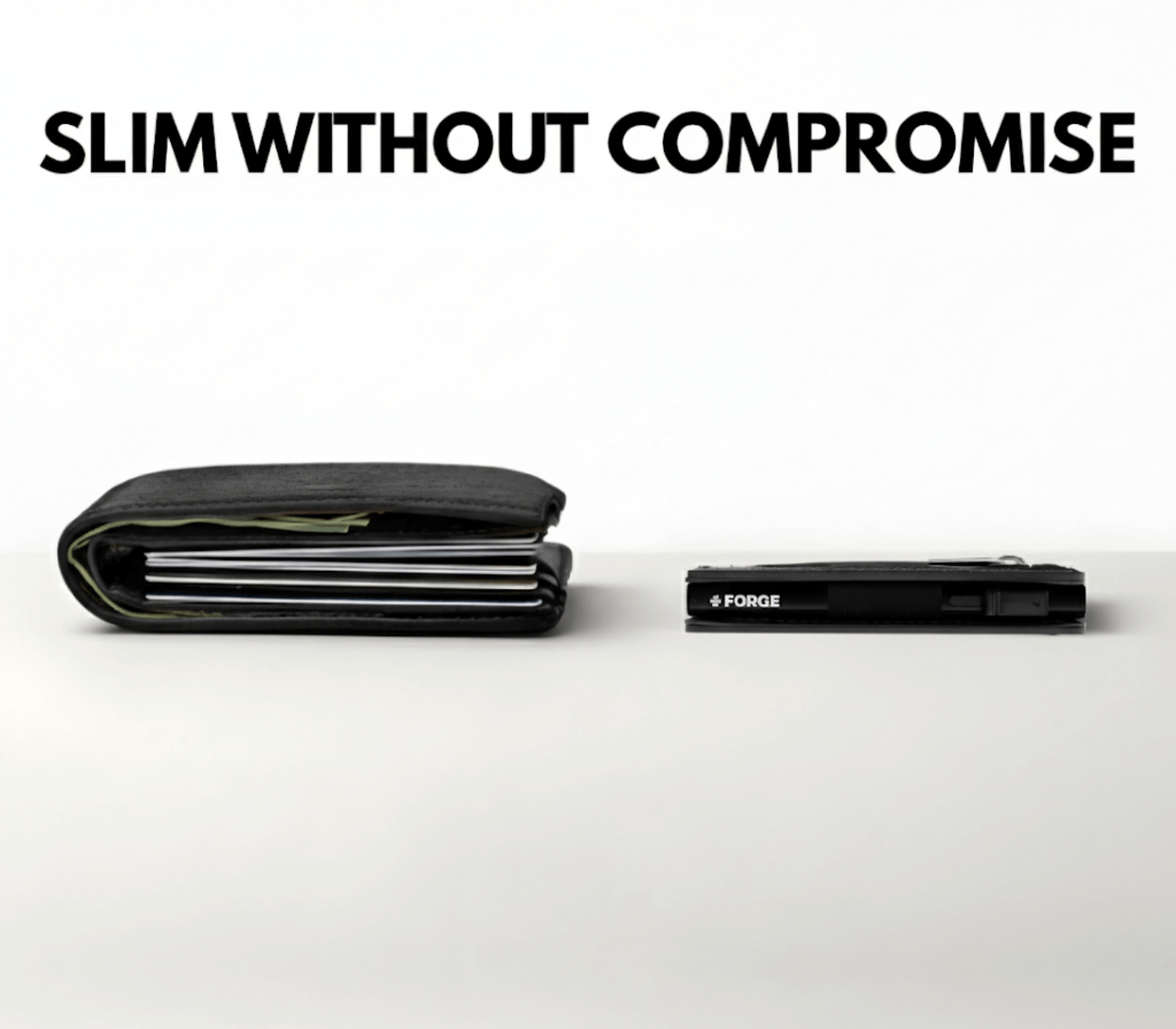 Side-by-side comparison of slim black men’s wallet by Forge and bulky traditional wallet.