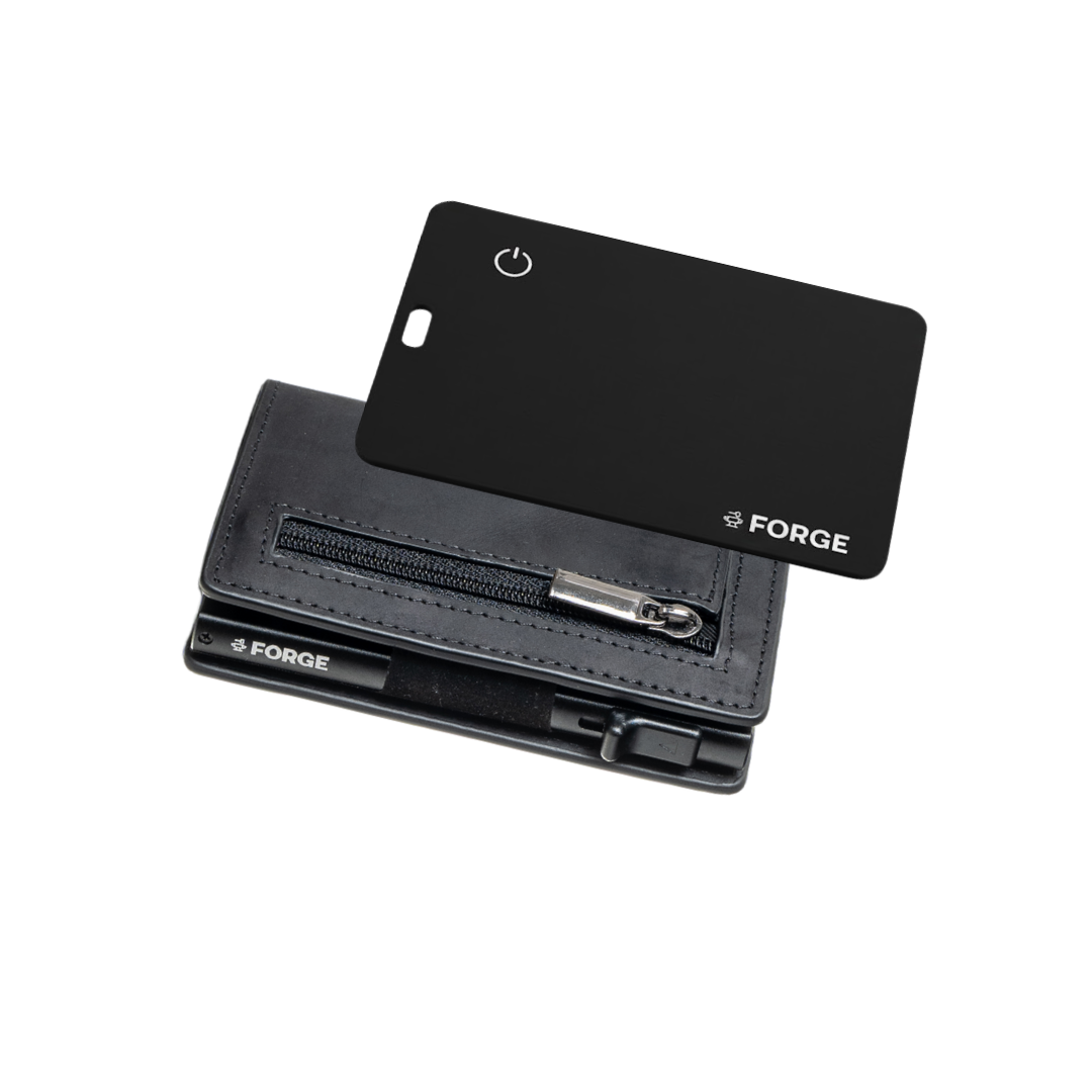Forge Wallet tracking card shown above a Forge leather wallet, demonstrating slim fit inside a minimalist everyday carry setup