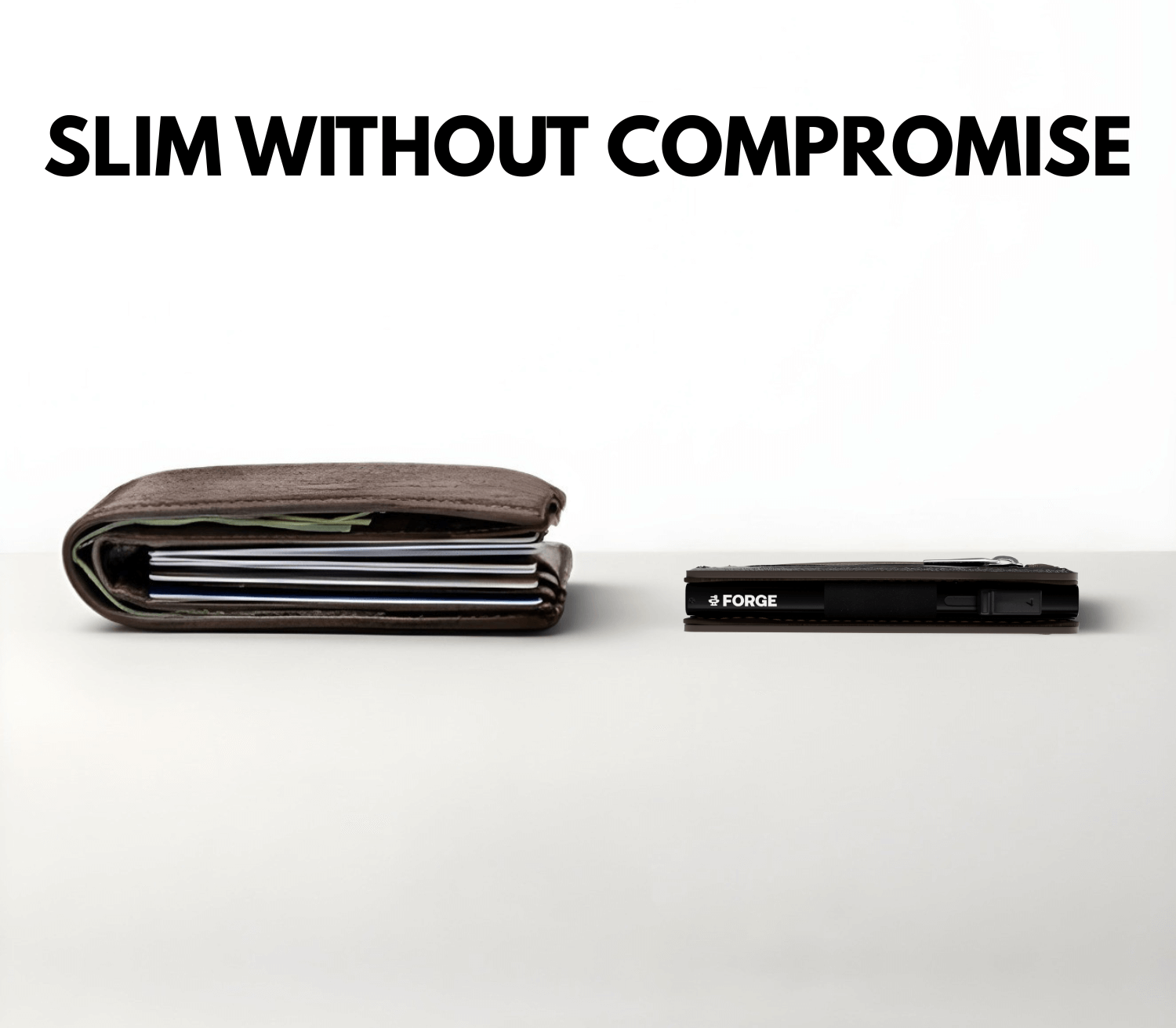 Side-by-side of slim brown men’s wallet versus bulky traditional wallet filled with receipts.