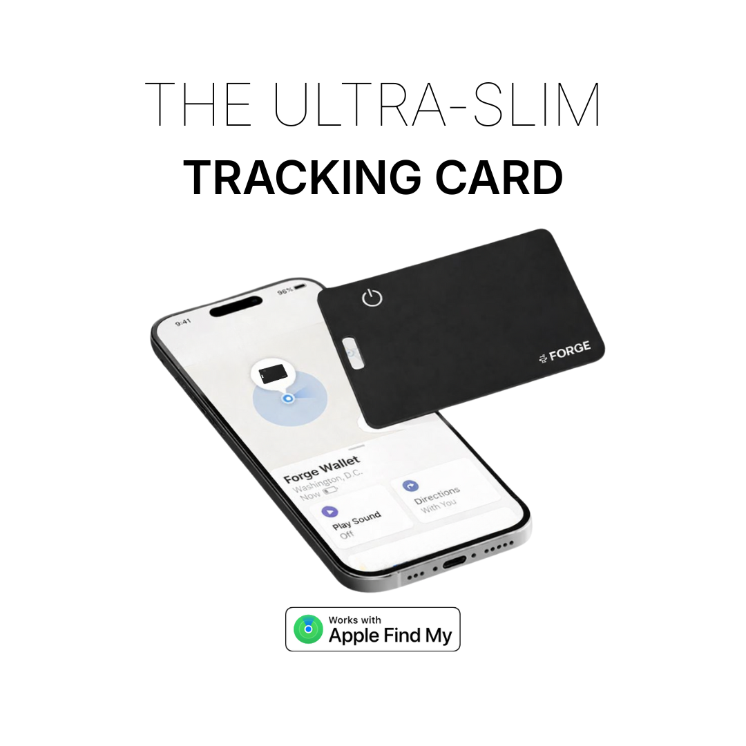 Forge Wallet ultra-slim tracking card shown with smartphone displaying Apple Find My interface, highlighting wallet location tracking functionality