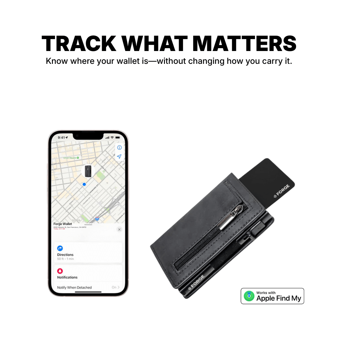 Forge Wallet tracking card partially inserted in a slim wallet beside a smartphone showing Apple Find My map, illustrating real-time wallet tracking