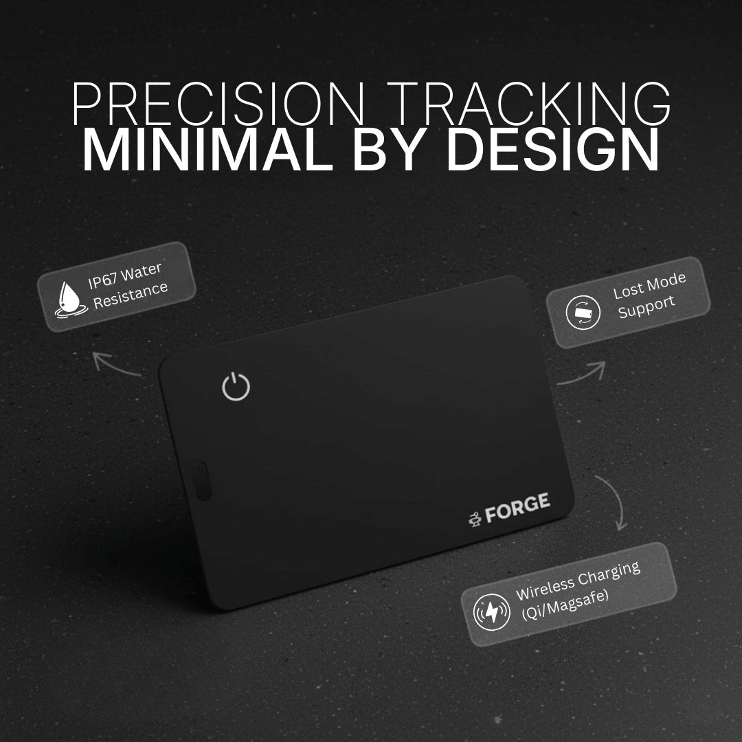 Forge Wallet tracking card in dark minimalist studio scene, highlighting IP67 water resistance, lost mode support, and Qi wireless charging features