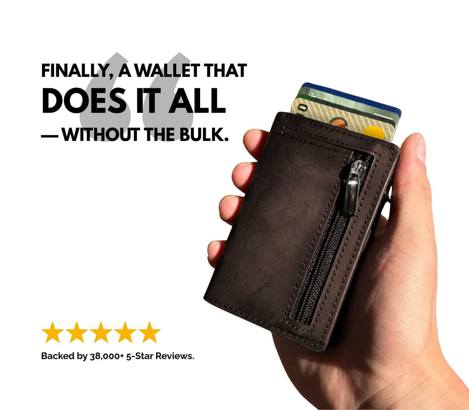 Hand holding brown men’s slim leather wallet with zipper pocket and cards, backed by 5-star reviews