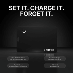 Forge Wallet tracking card in dark studio setting, highlighting ultra-thin design, wireless charging, Apple Find My support, and IP67 waterproof rating
