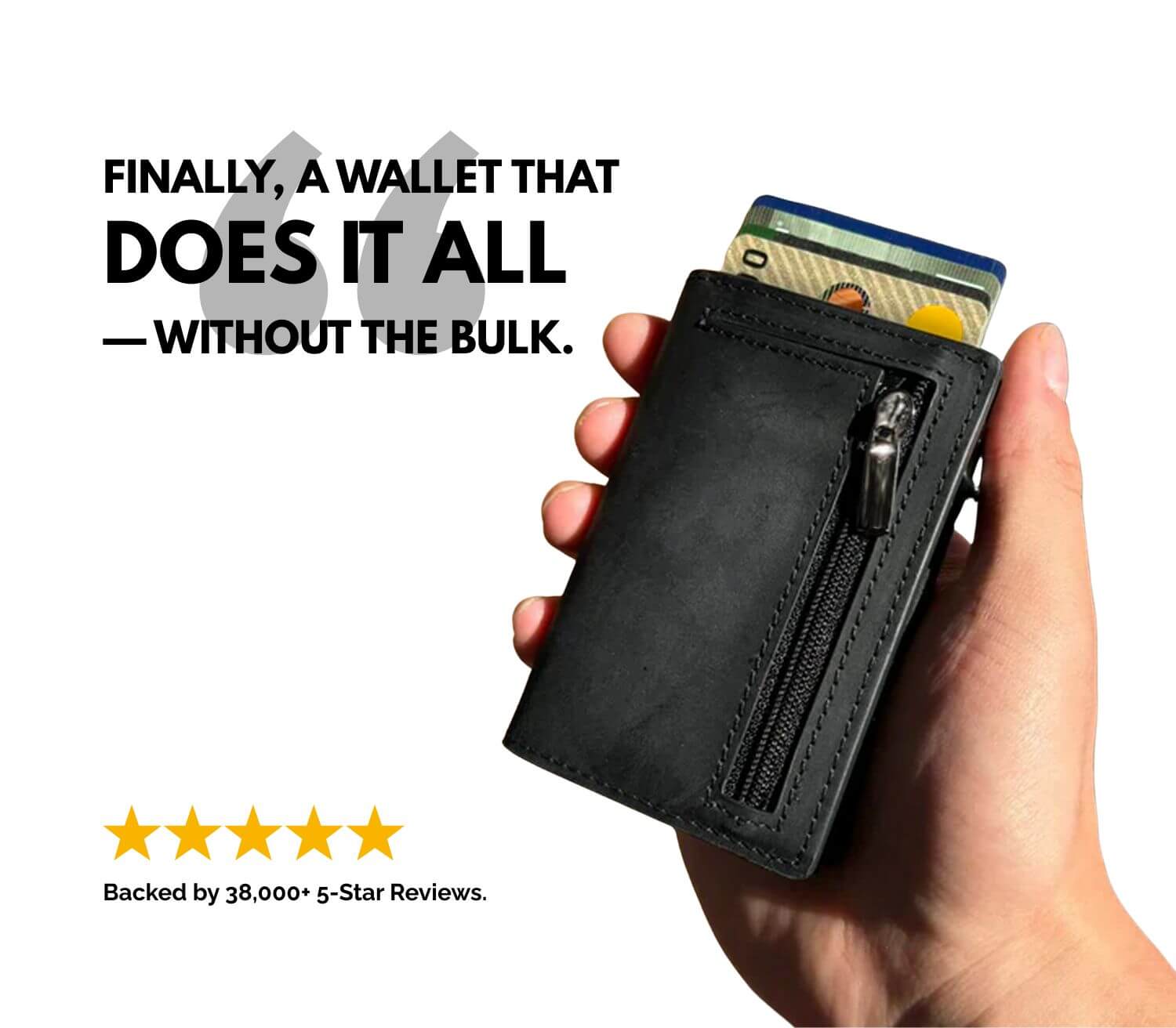 Hand holding black men’s leather wallet with slim design, zipper pocket, and cards inside, backed by 5-star reviews.