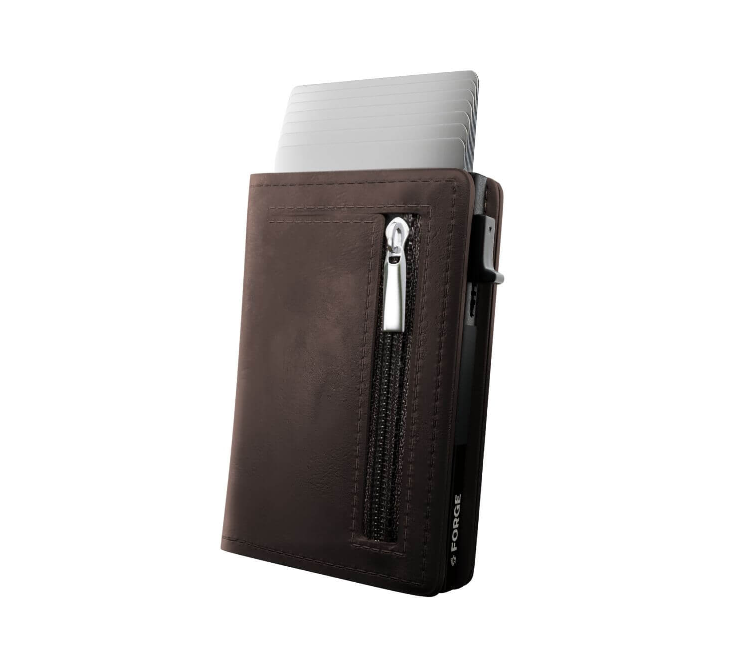 Brown men’s slim leather wallet with zipper pocket and quick-access card holder.
