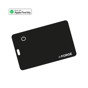 Forge Wallet Tracking card shown at an angled studio view, slim black design with Apple Find My compatibility badge visible