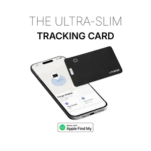 Forge Wallet ultra-slim tracking card shown with smartphone displaying Apple Find My interface, highlighting wallet location tracking functionality