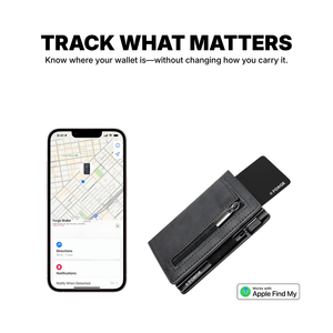 Forge Wallet tracking card partially inserted in a slim wallet beside a smartphone showing Apple Find My map, illustrating real-time wallet tracking