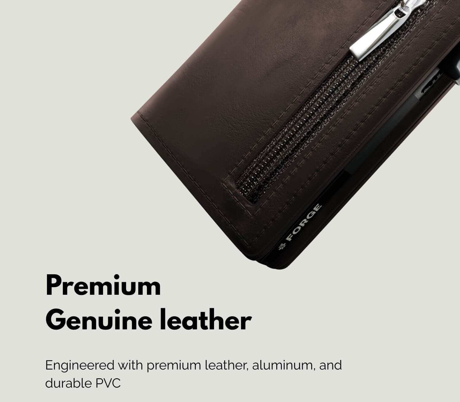 Close-up of brown men’s leather wallet with zipper pocket crafted from premium genuine leather and durable materials.