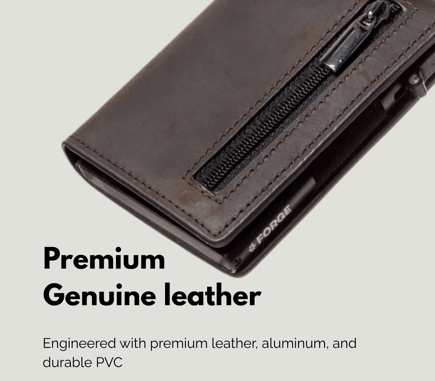 Close-up of brown men’s leather wallet with zipper pocket crafted from premium genuine leather and durable materials.