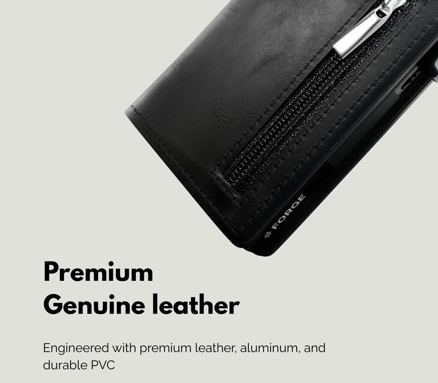 Close-up of black men’s leather wallet with zipper pocket made from premium genuine leather and durable materials