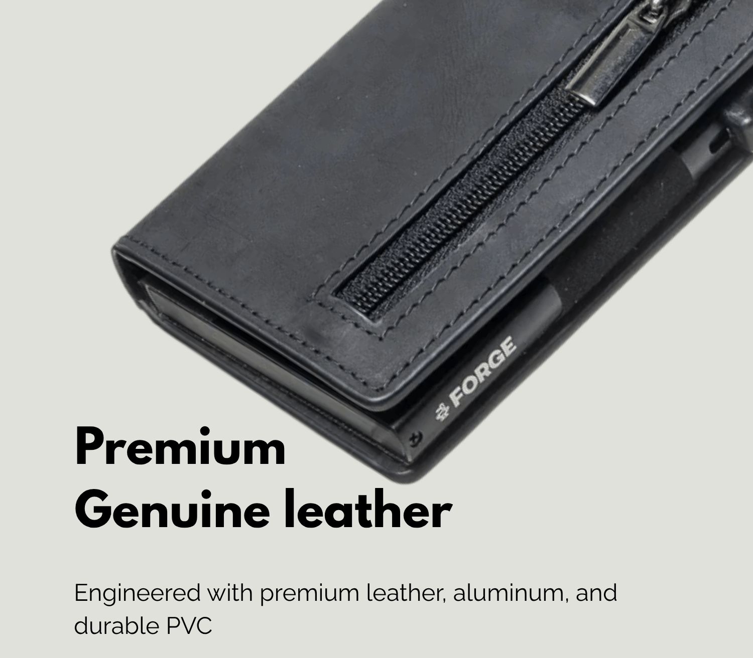Close-up of black men’s leather wallet with zipper pocket made from premium genuine leather and durable materials