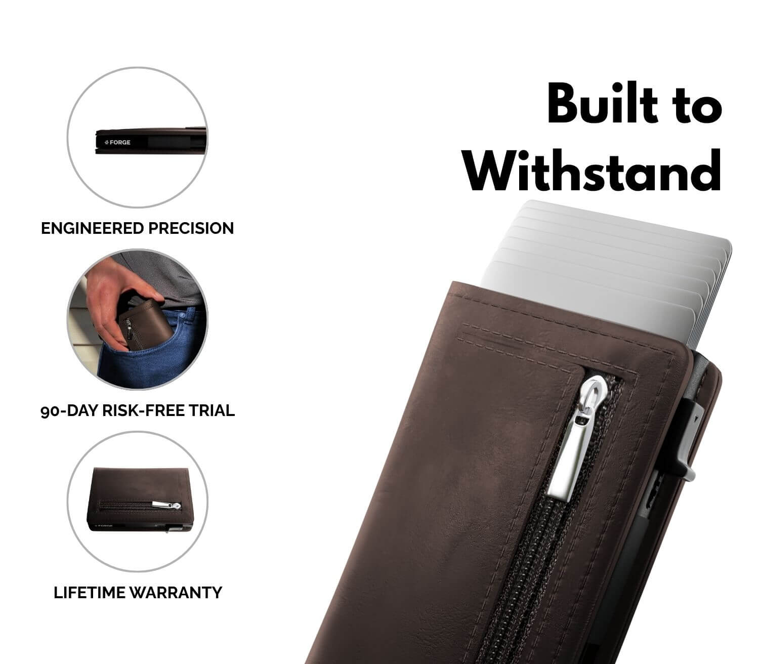 Brown men’s slim leather wallet with zipper pocket, card holder, lifetime warranty, and 90-day risk-free trial.