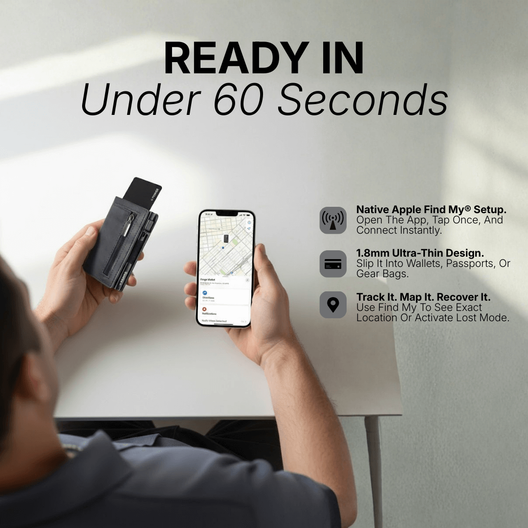 Man holding Forge Wallet with tracking card and smartphone, showing Apple Find My setup process and quick pairing in under 60 seconds