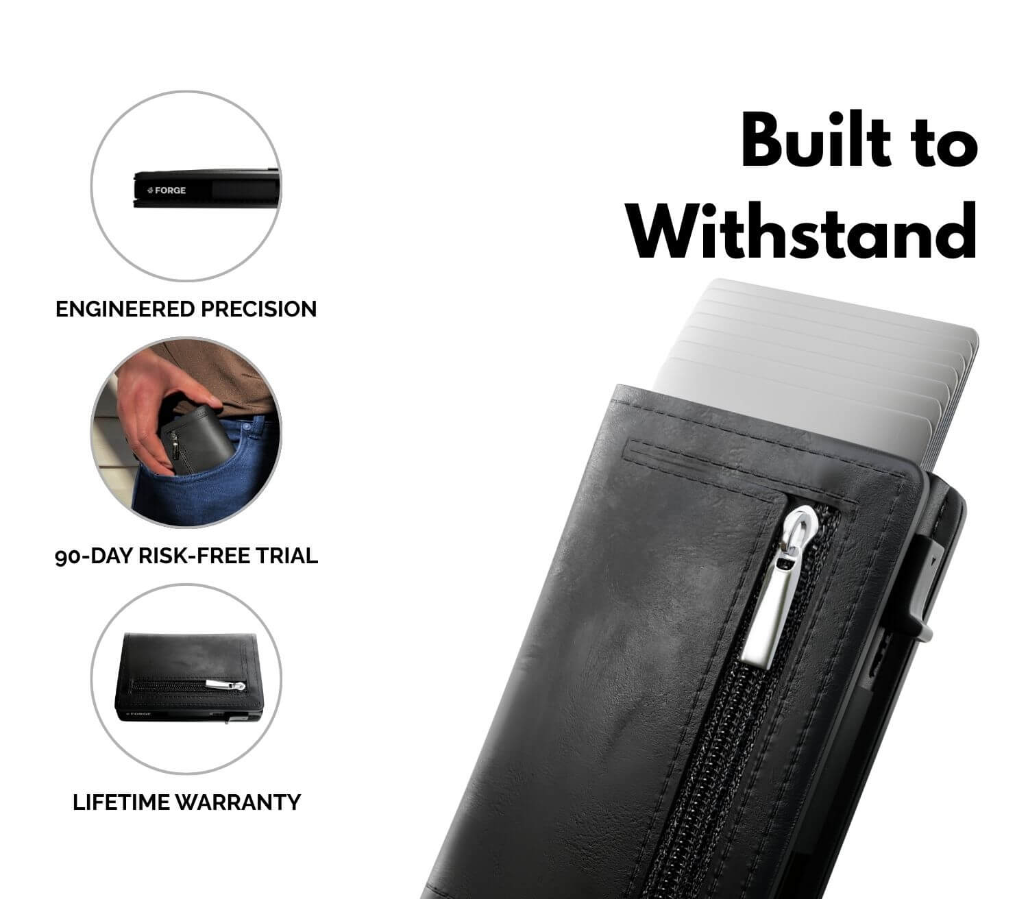 Black men’s slim leather wallet with zipper pocket, card holder, lifetime warranty, and 90-day risk-free trial.