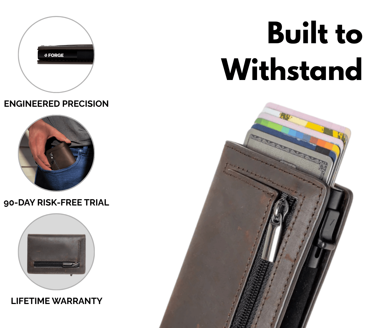 Brown men’s slim leather wallet with zipper pocket, card holder, lifetime warranty, and 90-day risk-free trial.