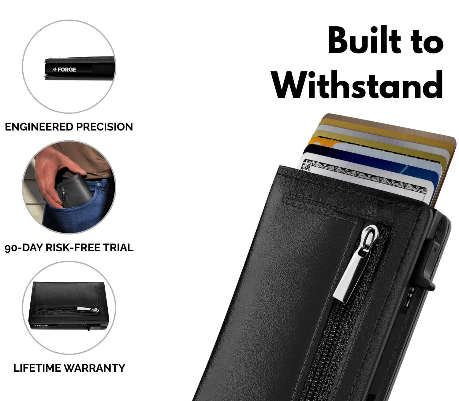 Black men’s slim leather wallet with zipper pocket, card holder, lifetime warranty, and 90-day risk-free trial.