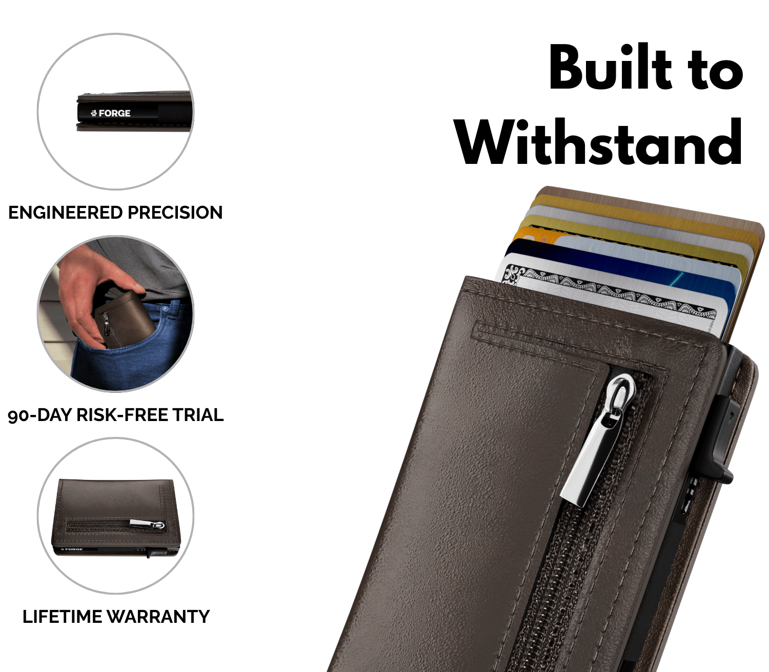 Brown men’s slim leather wallet with zipper pocket, card holder, lifetime warranty, and 90-day risk-free trial.