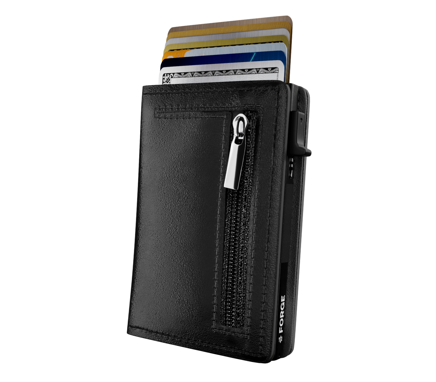 Black men’s wallet with premium leather, slim design, zipper pocket, and quick-access card holder.