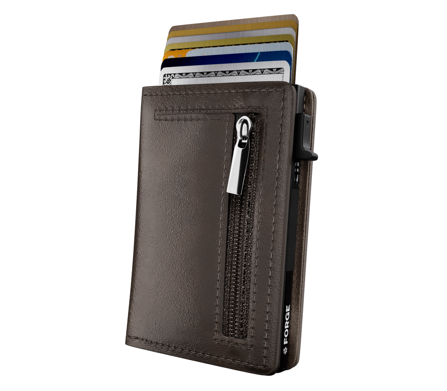 Brown men’s slim leather wallet with zipper pocket and quick-access card holder.