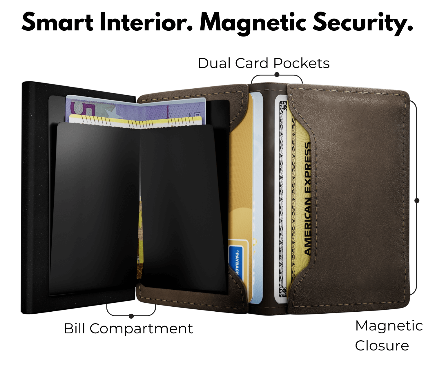 Brown men’s slim leather wallet with dual card pockets, bill compartment, and magnetic closure for secure storage.