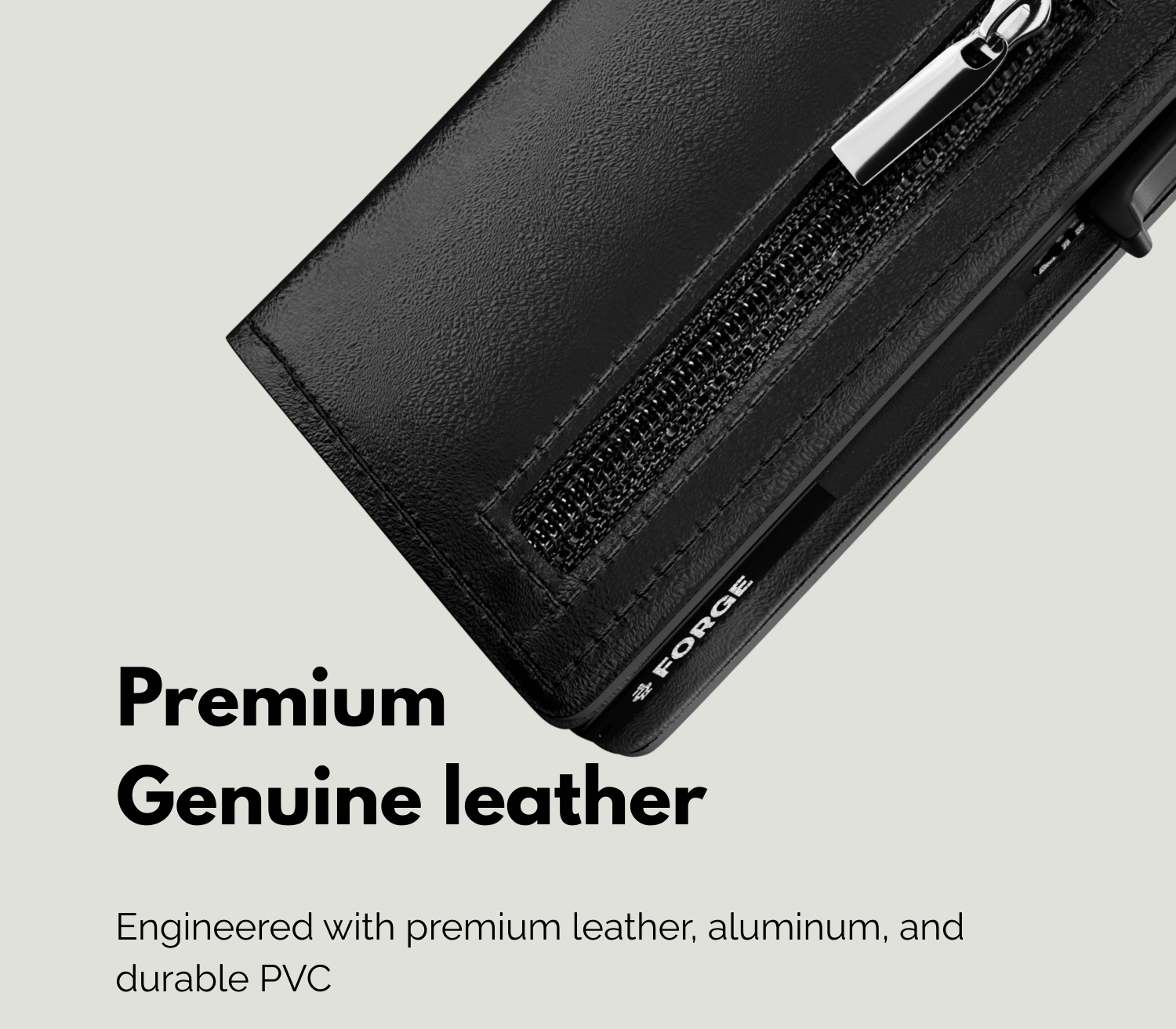 Close-up of black men’s leather wallet with zipper pocket made from premium genuine leather and durable materials.