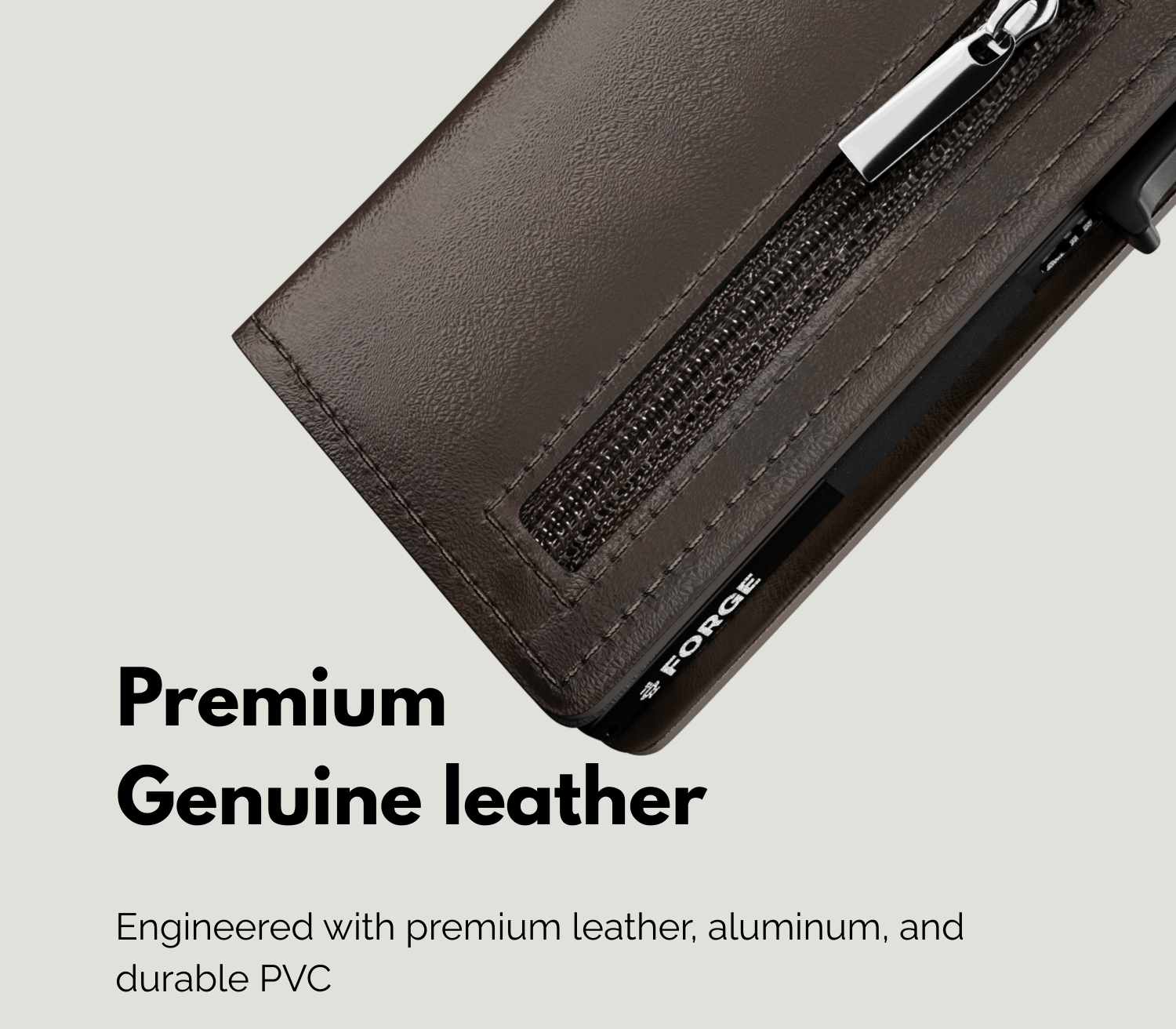 Close-up of brown men’s leather wallet with zipper pocket crafted from premium genuine leather and durable materials.