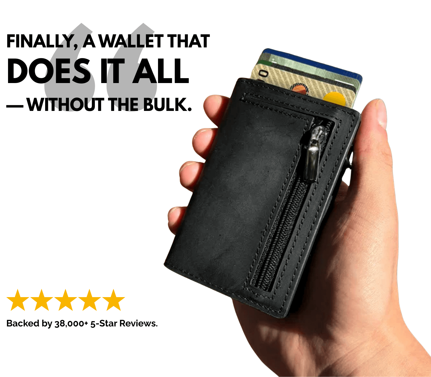 Hand holding black men’s leather wallet with slim design, zipper pocket, and cards inside, backed by 5-star reviews