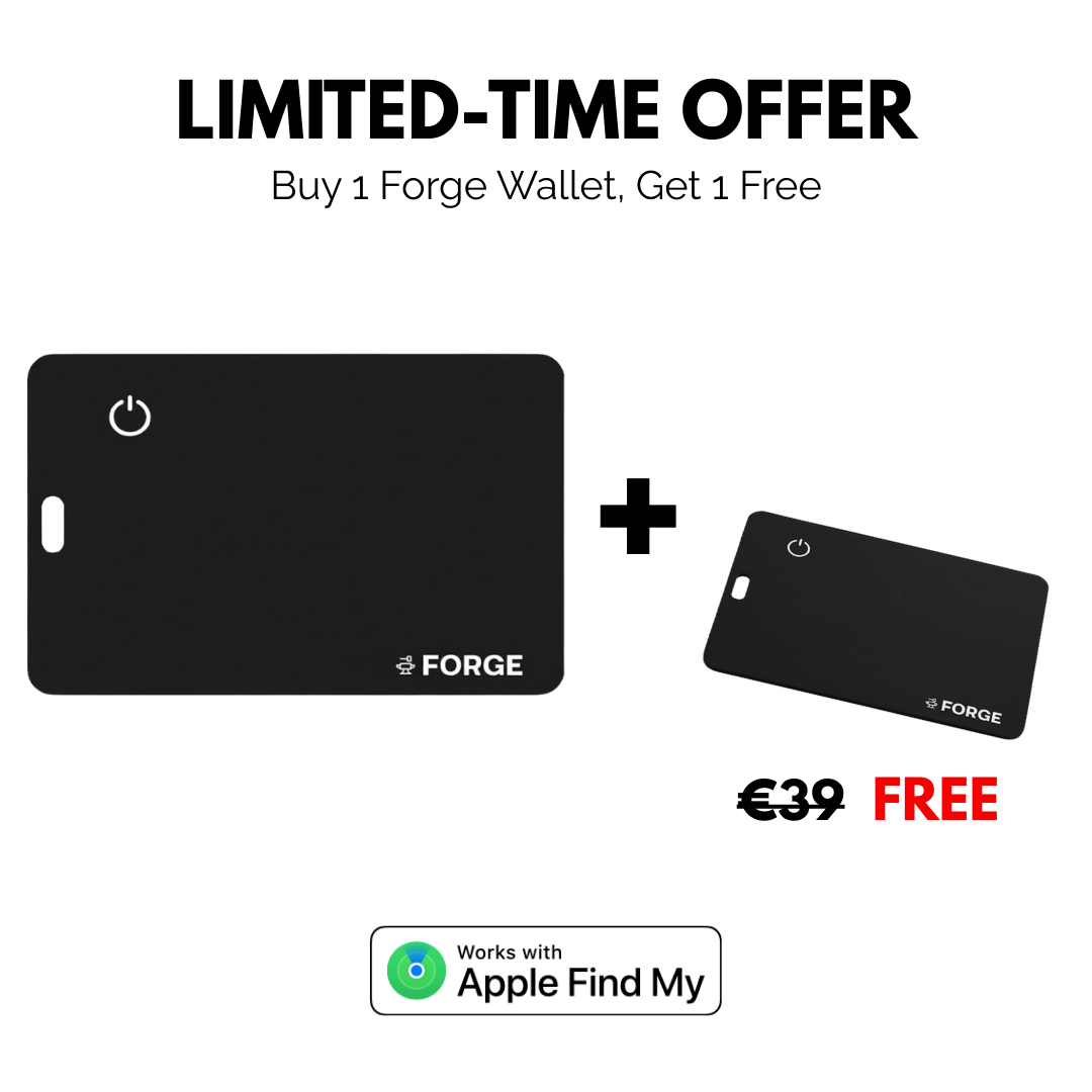Limited-time offer graphic showing two Forge Wallet tracking cards side by side, buy one get one free promotion with Apple Find My compatibility badge