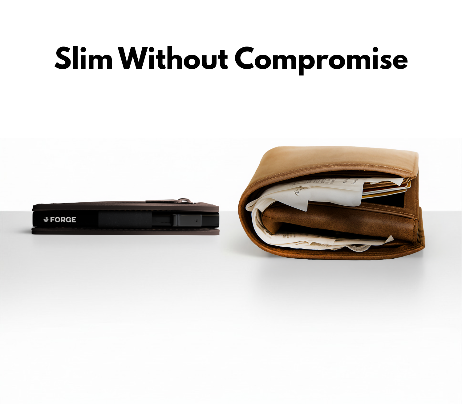 Side-by-side of slim brown men’s wallet versus bulky traditional wallet filled with receipts.